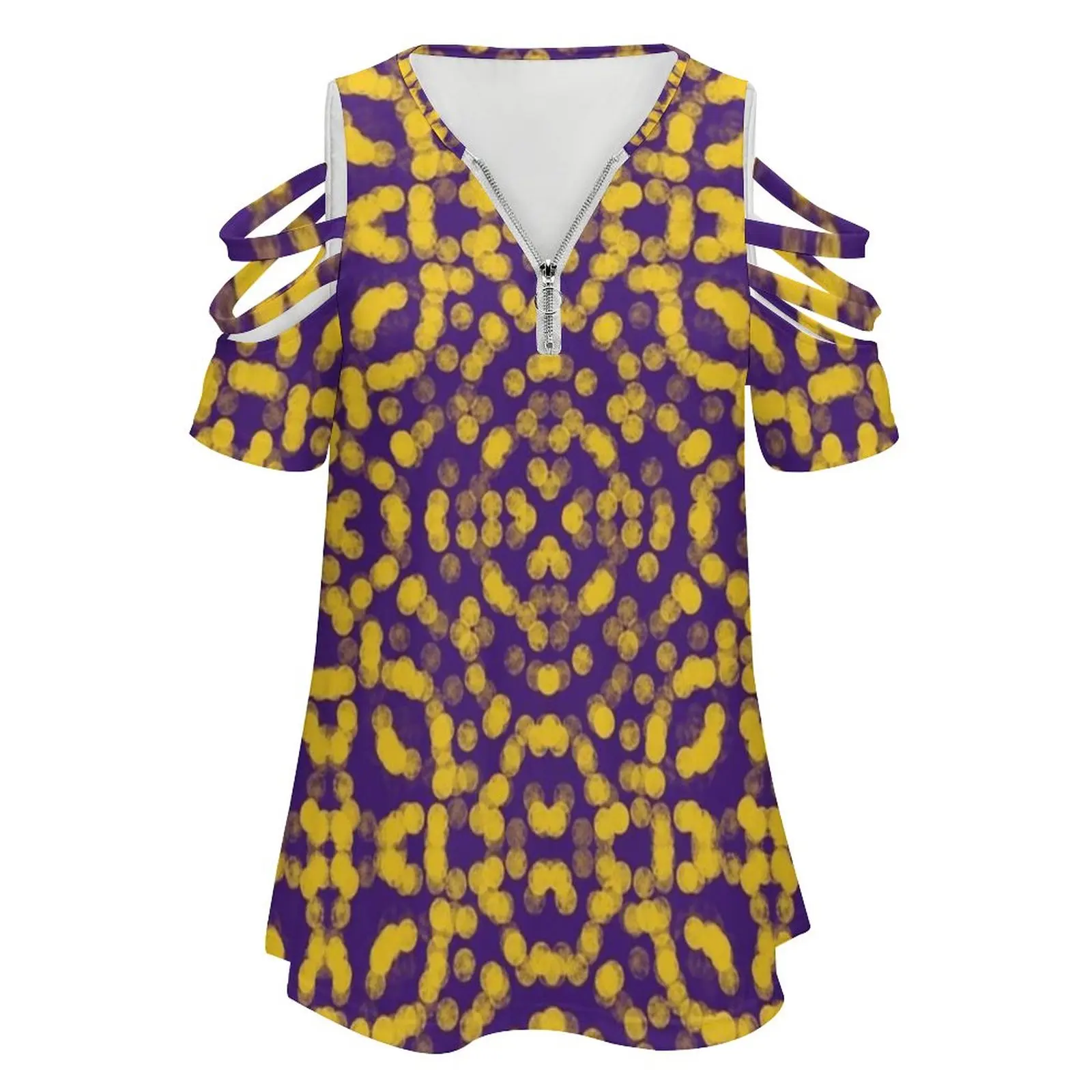 Artsy Purple And Gold Yellow Game Day Pattern New Fashion Zip Off Shoulder Top Short-Sleeve Women Shirt Purple Yellow Gold Lsu