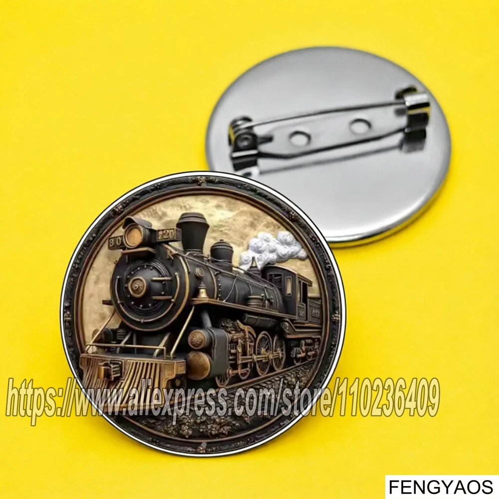 Stainless Steel Retro Steam Train Brooch Pin Vintage Locomotive Round Lapel Badge Railroad Enthusiast Jewelry Gift