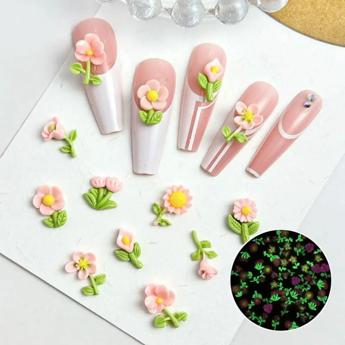 Mixed Resin Kawaii luminous Green Leaf Pink Rose Nail Charms 3D Sweet Tulip Crabapple Nail Art Decoration DIY Crafts Accessories