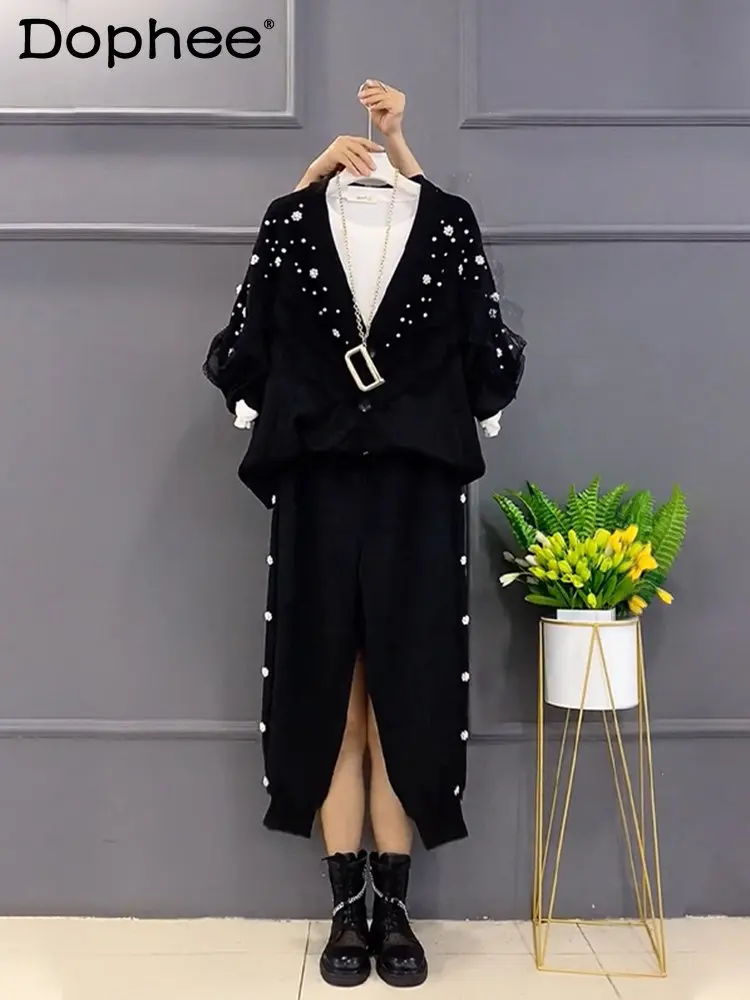 

2023 Spring New Elegant V-neck Diamond Lace Knitted Coat Women Black Sweatpants Two-Piece Suit Fashion Bead Tracksuit Oversized