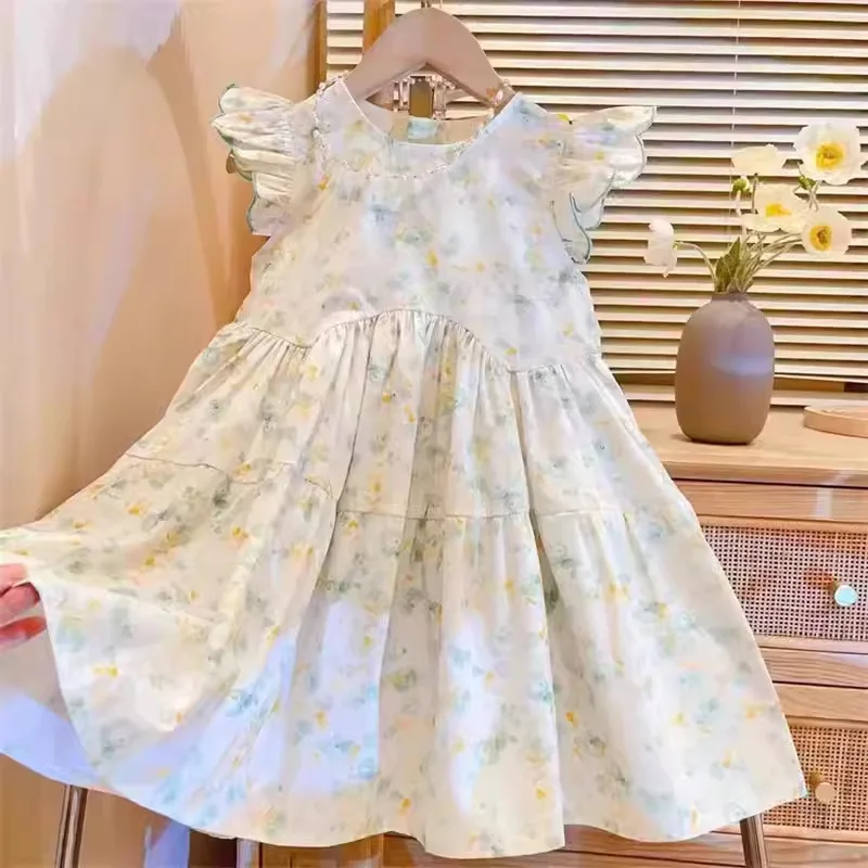 

2024Girls Flounced Sleeve Dress Summer New Baby Little Girl Floral Western Style Sweet Sleeveless Princess Skirt