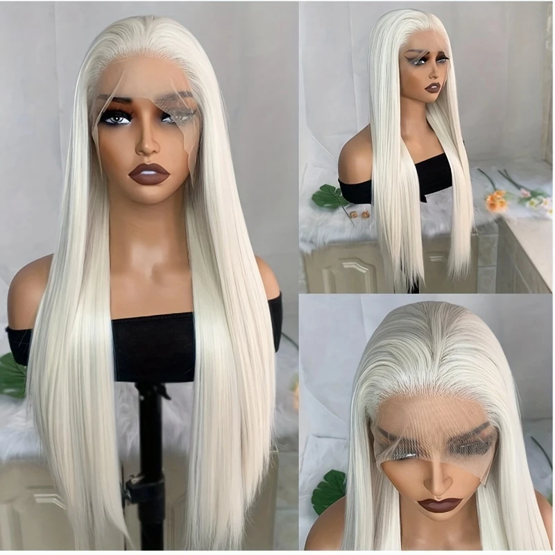 

White Synthetic Lace Front Wigs for Women Girls Long Silky Straight Lace Wig Glueless Natural Hairline Wig Free Part Wigs