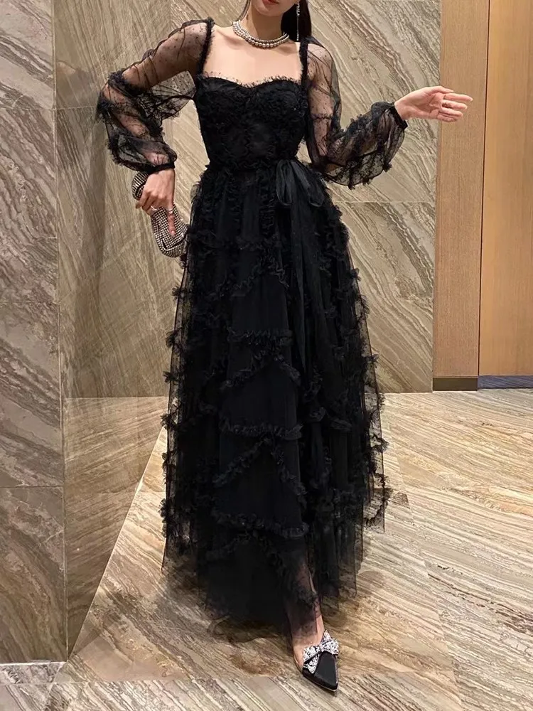 VGH Elegant Evening Dresses For Women Square Collar Long Sleeve High Waist Backless Spliced Edible Tree Fungus Dress Female New