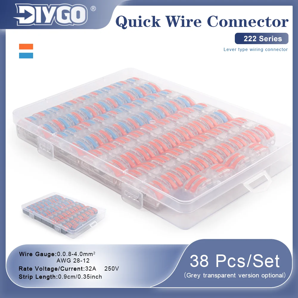 38Pcs 222 Series Quick Wire Connector Lever Type Terminal Block 0.08-4mm² 32A 250V Reusable Electrical Cable Splicing Connectors