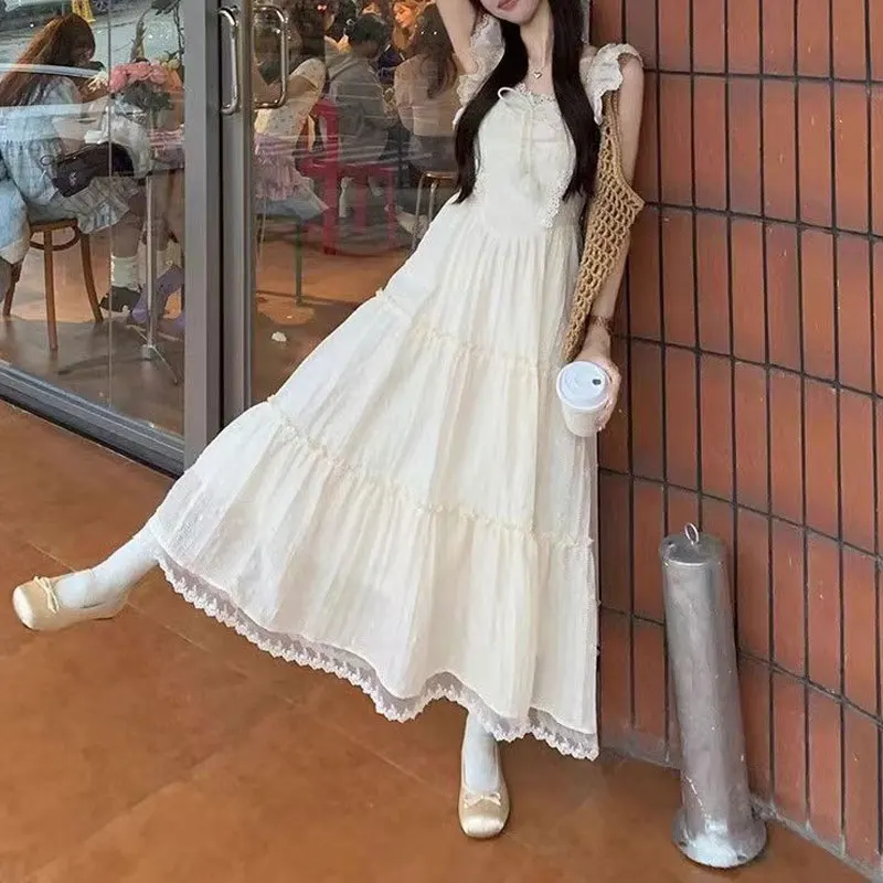 

Gentle Lace Flying Sleeve Slip Long Dress Summer New Aura Folds Female Clothing French Style Sleeveless Sweet A-Line Bow Dresses