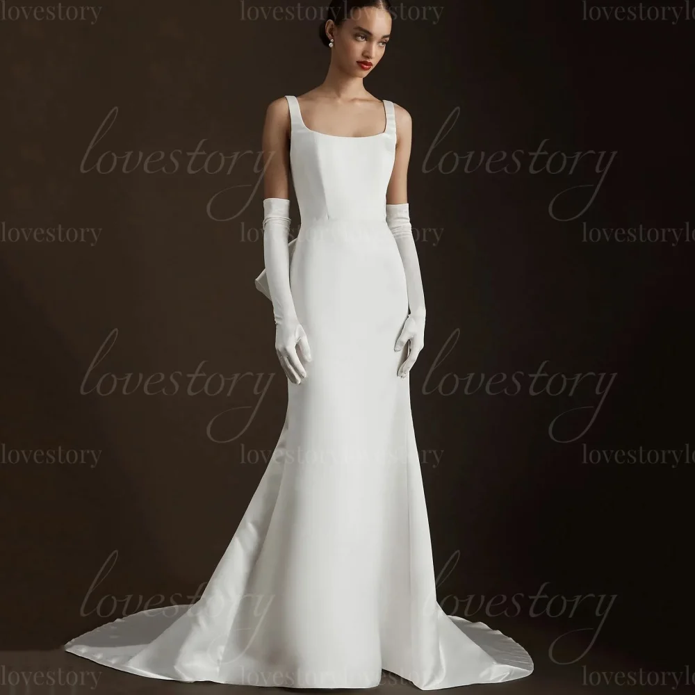 

Customized Wedding Dresses Simple Classic Satin Bridal Gowns Mermaid Tank Bow Bride Robe Vestidos De Noiva