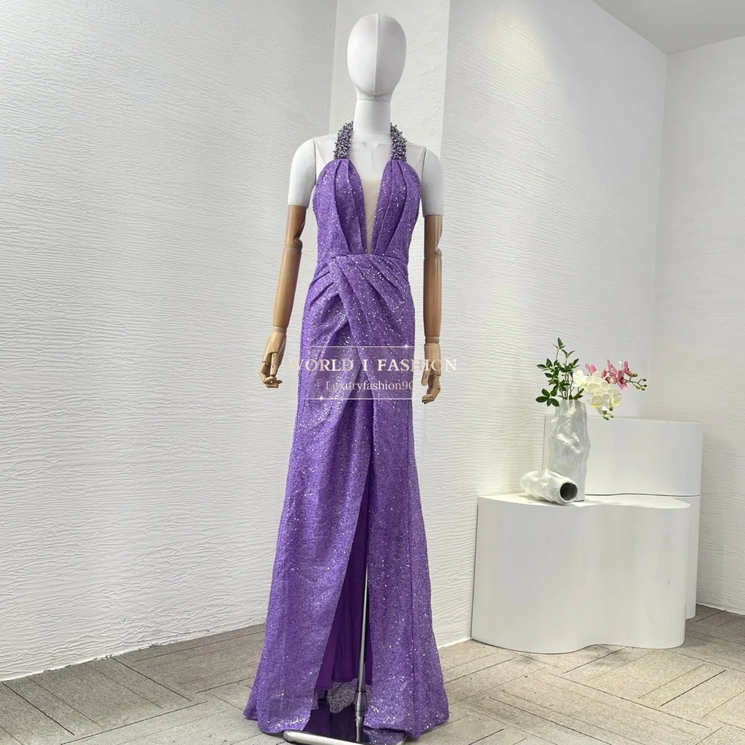 

2026 New Women's Violet Purple Sleeveless Pearl Beading High Slit Mermaid Maxi Dress for Parties