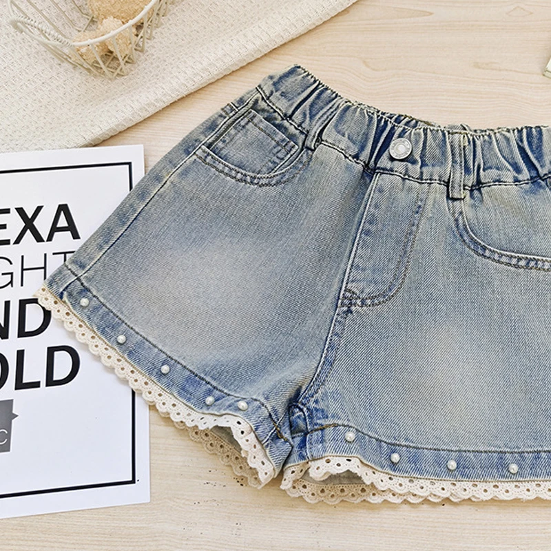 Kids Girls' Denim Shorts Summer Beaded Lace Splicing Short Pants Fashion High Waist Slimming Dance Hotpants 3-12 Years Old