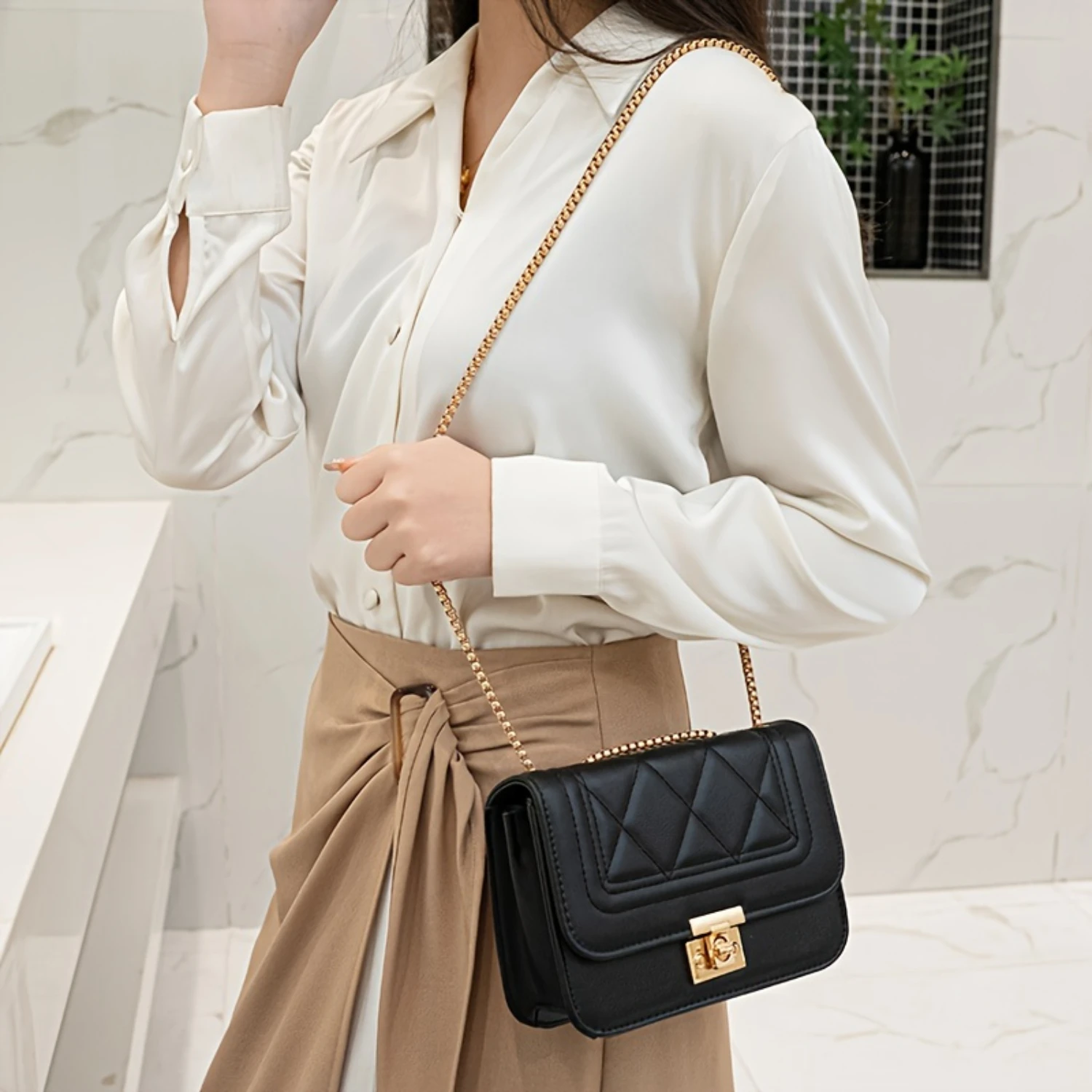 Fashion Chain Crossbody Bag, Argyle Quilted Shoulder Bag, Women's Luxury Handbag & Purse