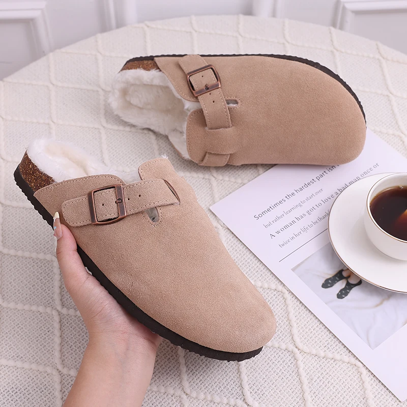 Bebealy Classic Fur Slippers For Women Winter Cork Footbed Mules Slippers Fashion Women Clogs Fuzzy Slippers With Arch Support