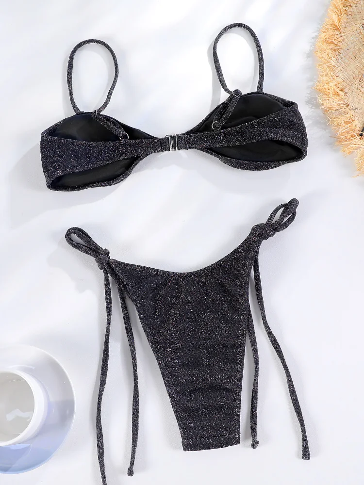 Shiny Swimsuit With Ties Push Up Bikini Sexy Swimwear Women String Bathing Suit Brazilian Bikini Solid Color Beachwear Biquini