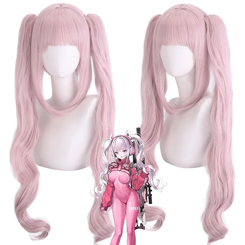 Peluca de cosplay de Alice, la Diosa de la Victoria de NIKKE, color rosa claro, con pinza de boca de tigre y doble cola de caballo