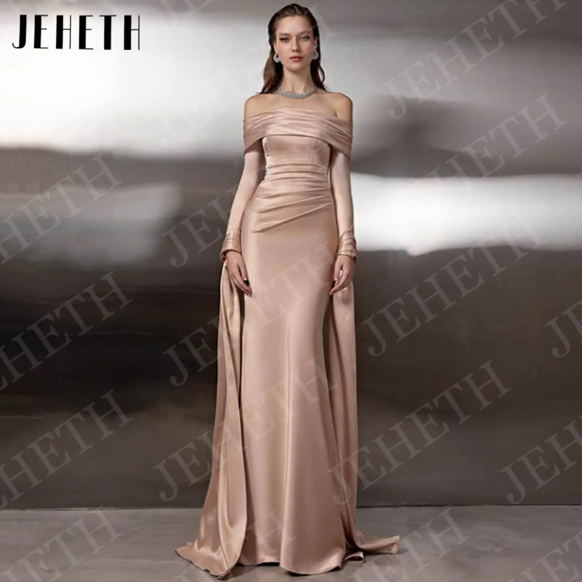 

JEHETH Long Sleeve Mermaid Evening Dress Floor Length Formal Woman Satin Off Shoulder Party Dresses Customized فساتين سهره نسائي