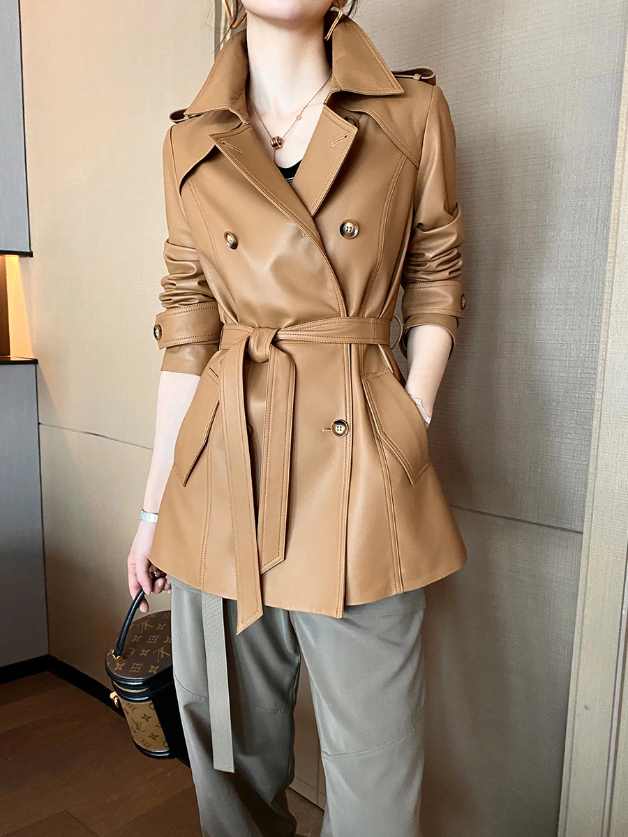 

New Style Genuine Leather Jacket Women's Mid Length Double Breasted Windbreaker Coat Lace Up Camel Sheepskin Overcoat