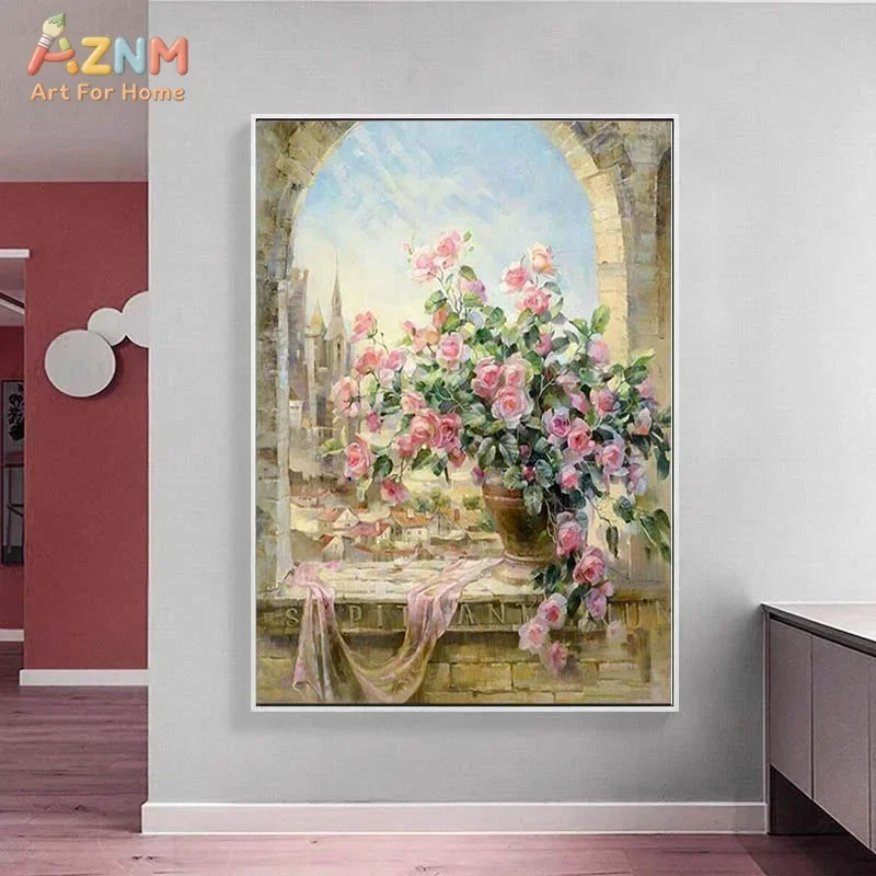 AZNM Vintage Pink Rose Flower Canvas Wall Art, European Cityscape Arch Window Oil Painting Print Poster, Unframed Romantic Flora