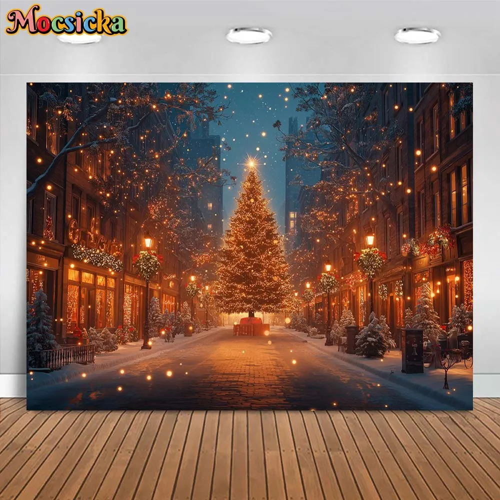 Mocsicka Photography Background Winter Christmas Eve Street Xmas Tree Lights Bokeh Snowflakes Outdoor Backdrop Photo Shoot Props