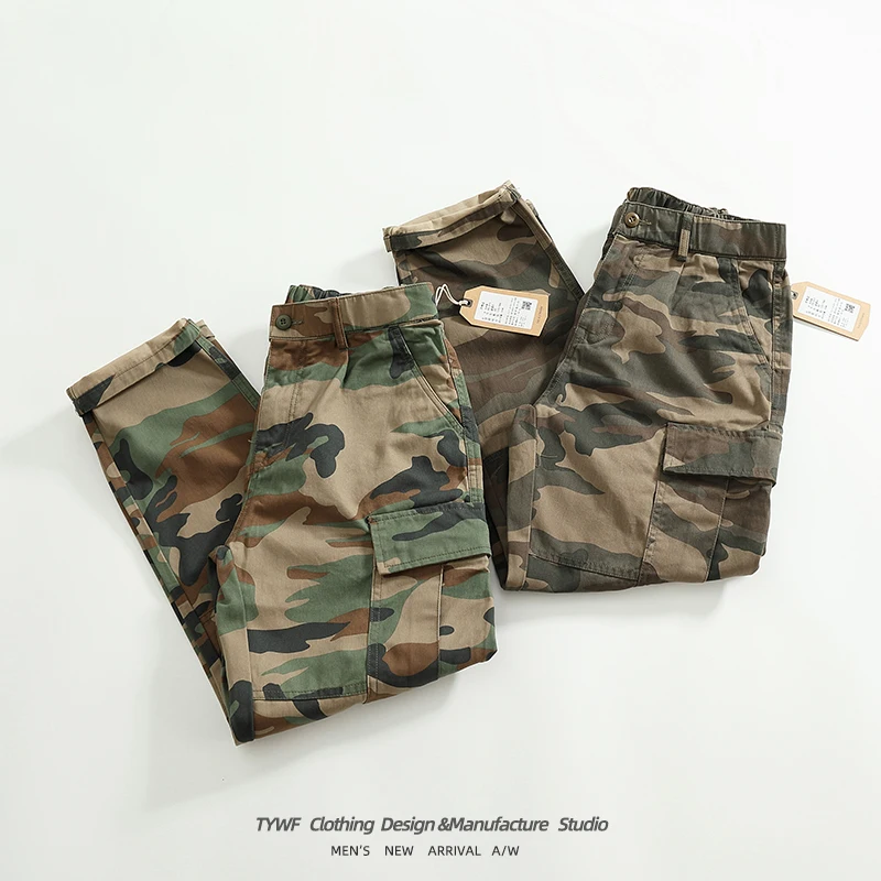 

2024 Autumn New American Heavyweight Retro Camouflage Washed 100%Cotton Overalls Fashion Loose Multi-pocket Casual Pants