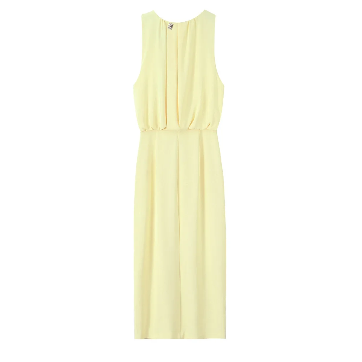 2025 Elegant Women Summer Ruched Waist Midi Dress Casual Sleeveless O Neck Slit Bodycon Party Beach Vacation Dress