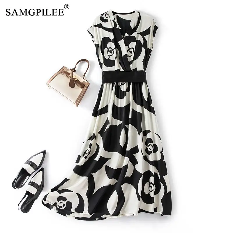 

Elegant And Pretty Women's Dresses 2023 Summer New French Fashion V Neck Waist A Line Mid Length Chiffon Casual Female Dress 4XL