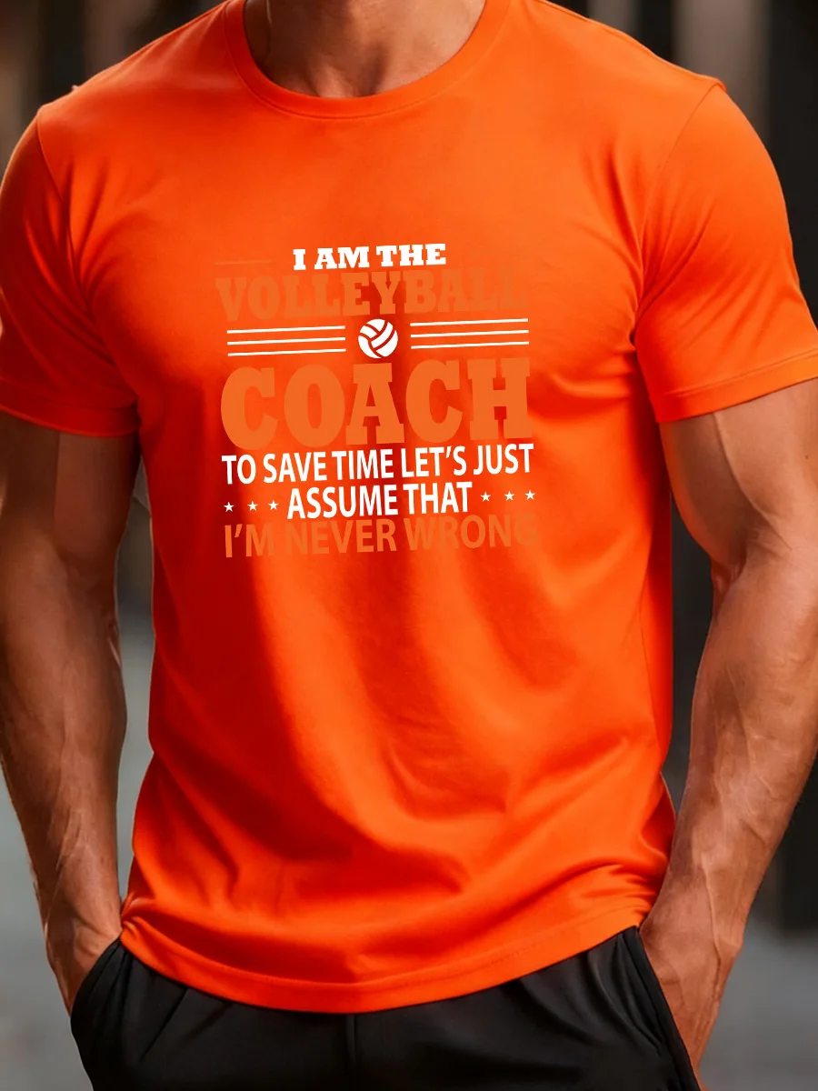 

Orange Short Sleeve "I Am The Volleyball Coach" Graphic T-Shirt with Humorous Slogan and Sporty Design