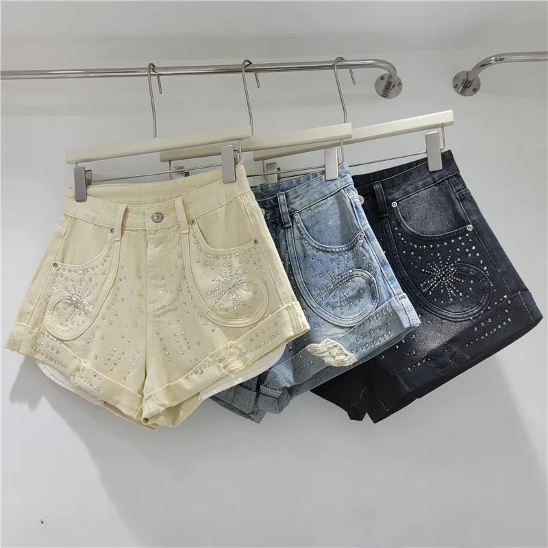 Rhinestone Denim Shorts for Women Korean Style High Waisted Rolled Edge Hot Pants Retro Casual Commuting Blue Shorts