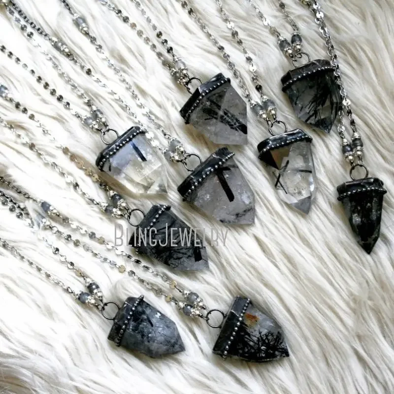 10pcs Tourmaline Rutilated Crystal Quartz Point Obelisk Pendulum Gothic Chains Necklace Goth Wicca Talisman Halloween Jewelry