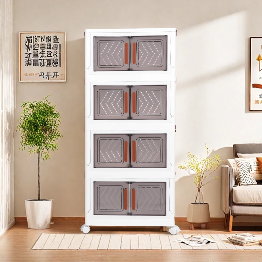 

4 Tier Stackable Storage Bins with Lids with Doors & Wheels Foldable Organization Storage Drawer for Living Room Bedroom Office