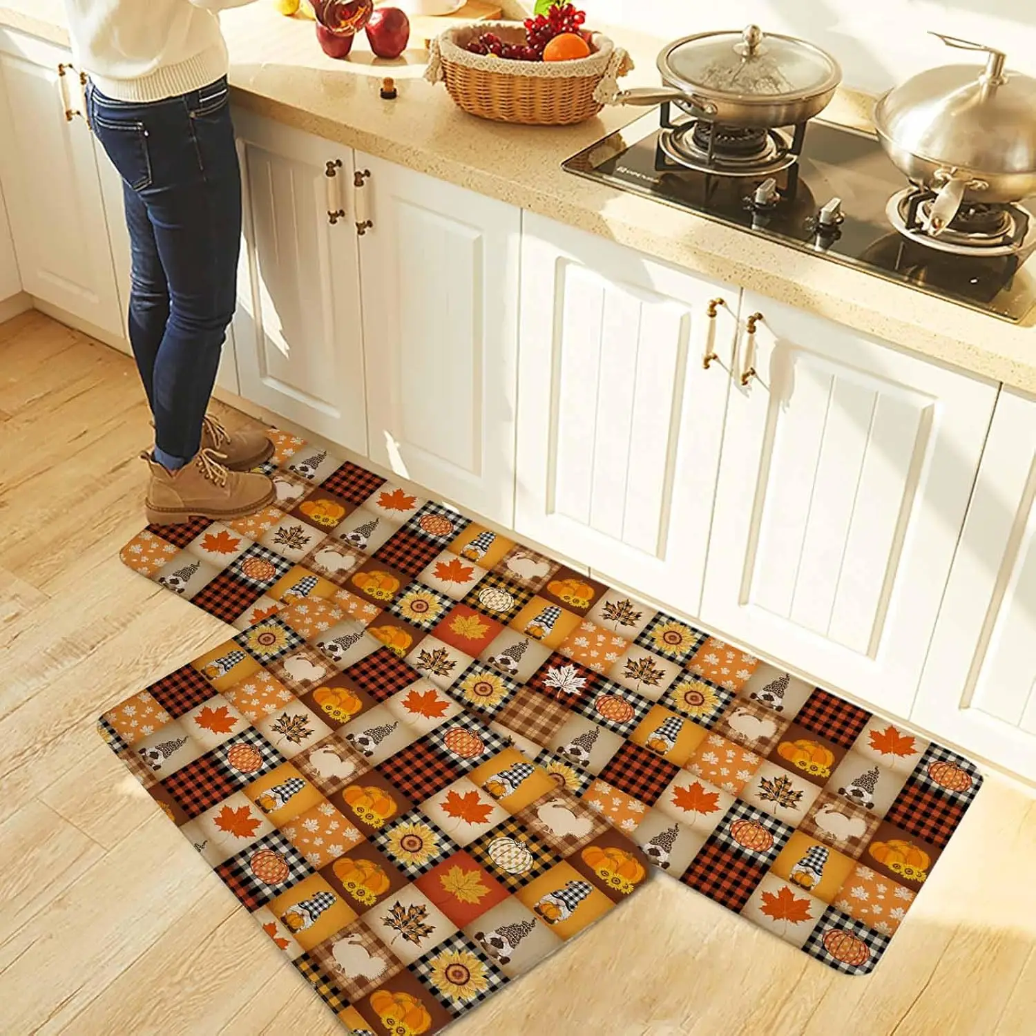 Fall Gnome Pumpkin Maple Leaf Kitchen Mat Entrance Doormat Decor Kitchen Corridor Balcony Rugs Bedroom Beside Foot Mat Decor