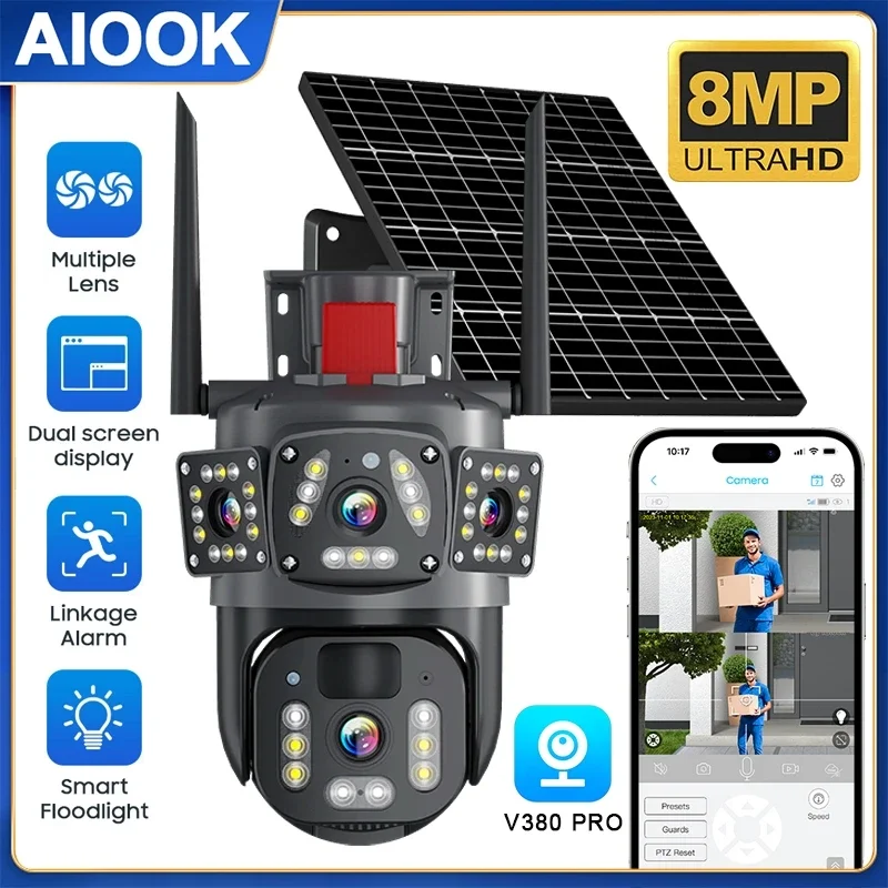 AIOOK Outdoor Solar Camera HD 8MP 4K WiFi IP CCTV Waterproof 4G SIM PIR Mobile Tracking V380 PRO Solar Camera Two Way Intercom