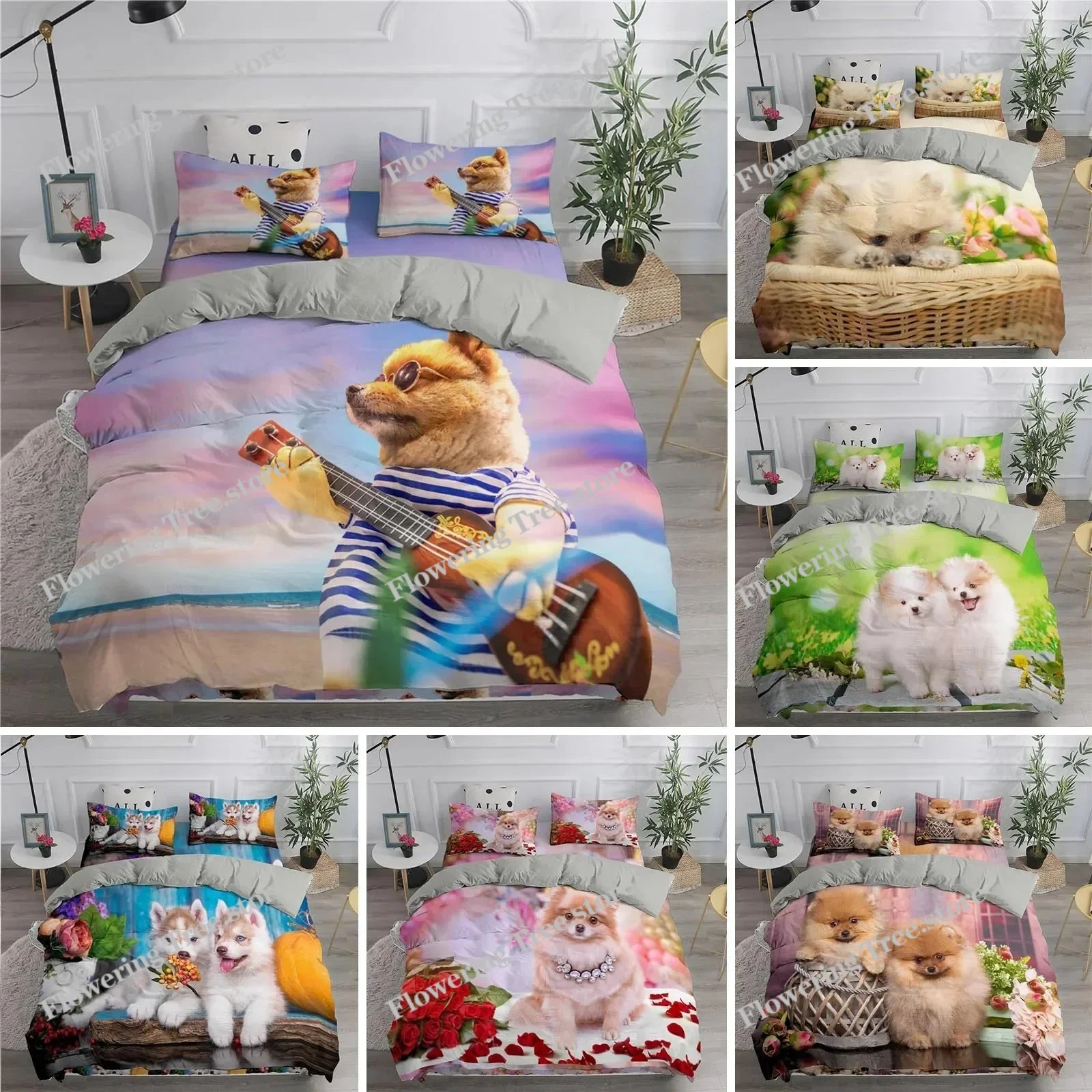 Pomeranian Dog King Queen Duvet Cover Puppy Bedding Set for Teens Adults Pet Animal Colorful Sky Polyester Quilt Cover