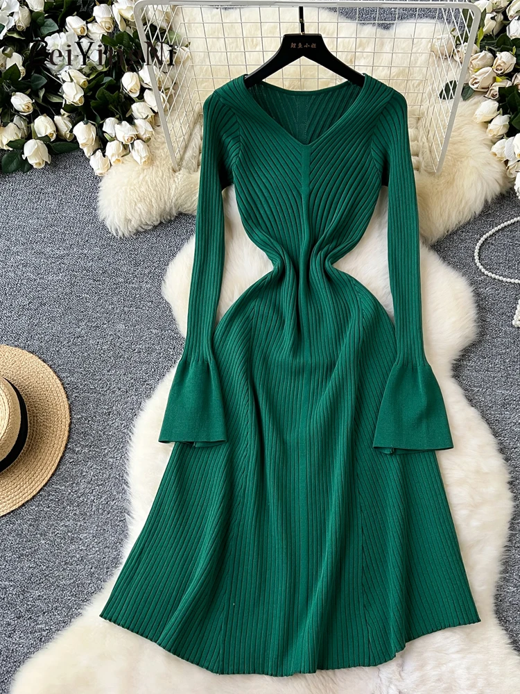 Beiyingni Elegant Slim Fit A-line Midi Dress Women 2024 Autumn Winter New Fashion Knitted Basic Green Sweater Dresses for Woman