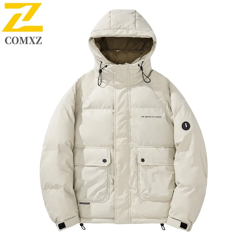 

COMXZ Роскошный мужской пуховик, классический с капюшоном, уличная легкая куртка для альпинизма, однотонный дизайн, теплое зимнее пальто для пешего туризма