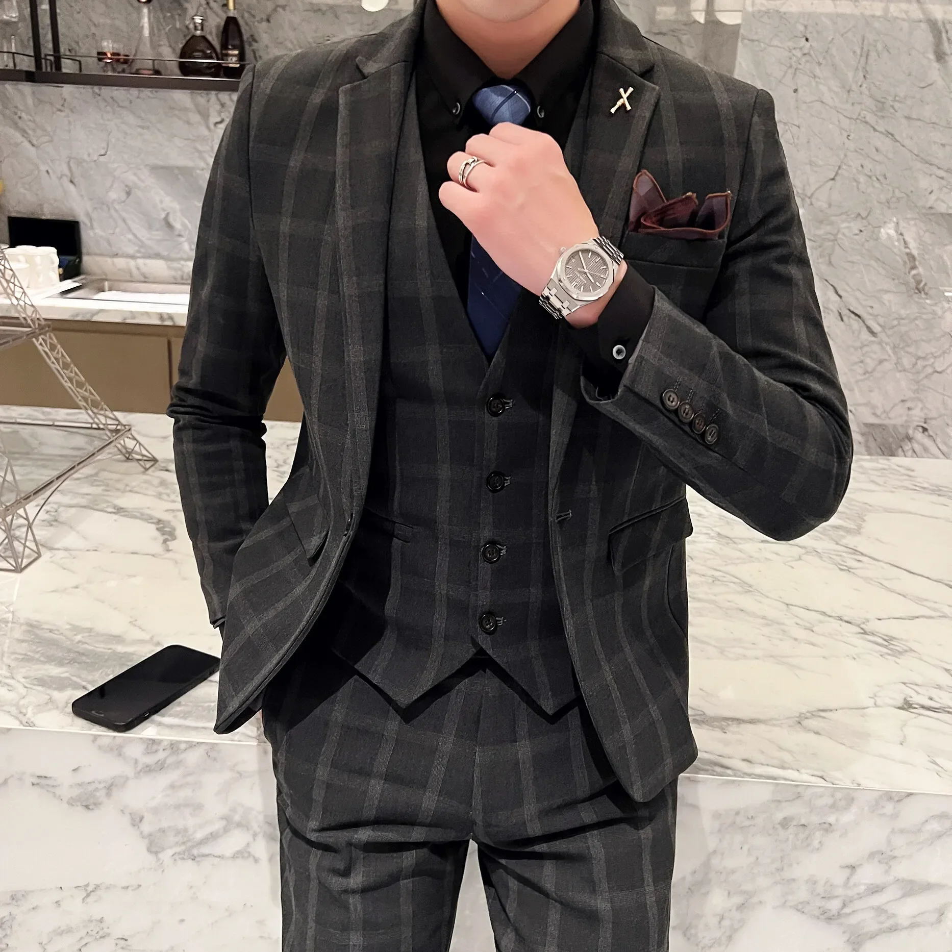 2027 High End Fashion Design Three Piece Suit Vest Trousers British Style Business Casual Wedding Slim Single Breasted
