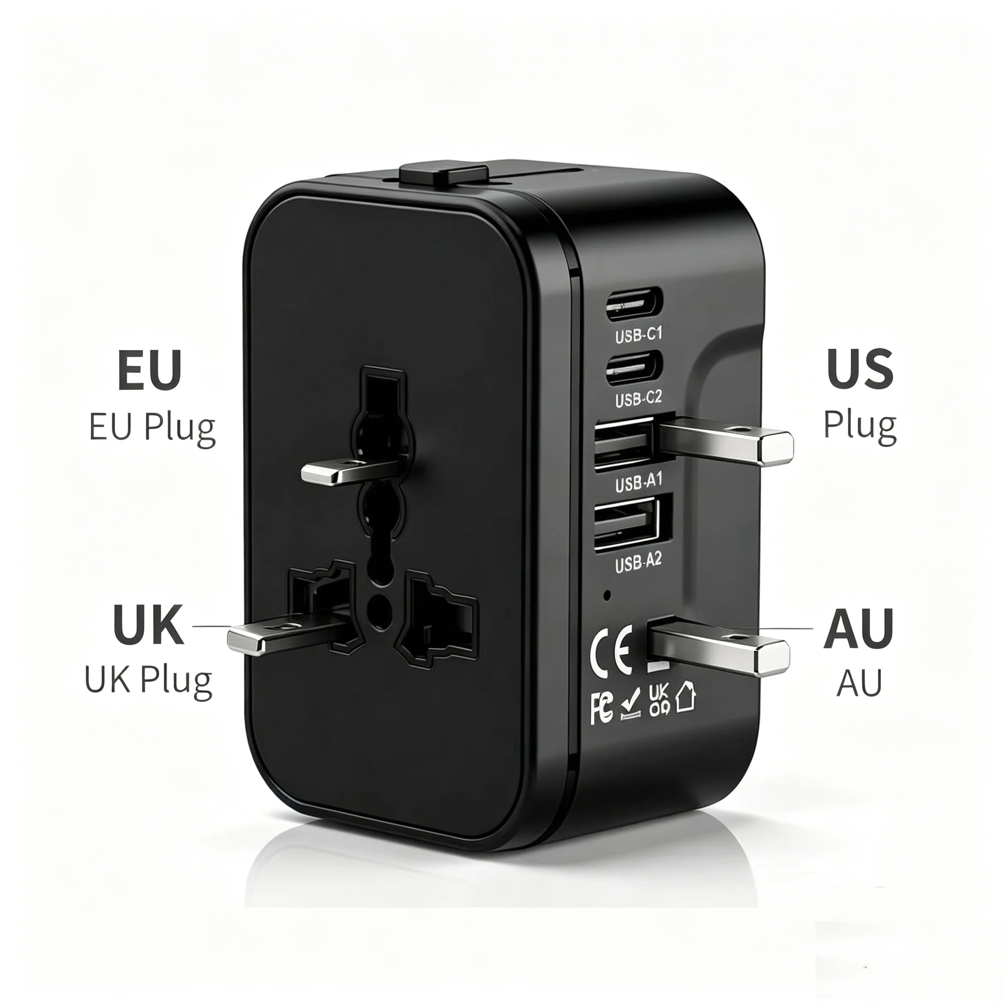 HTMCK 5-In-1 Travel Charger World All In One Universal Travel Adapter Two Type C +Two USB FAST Charging Ports For Travel, Home