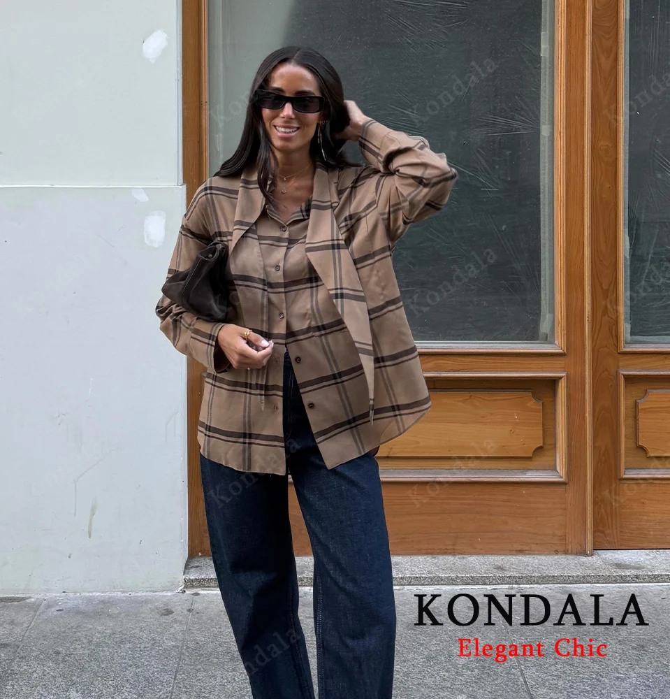 

KONDALA женские повседневные клетчатые рубашки с галстуком-бабочкой и пуговицами, рубашка с длинными рукавами, мода 2024, весна-осень, женская одежда, винтажные шикарные рубашки