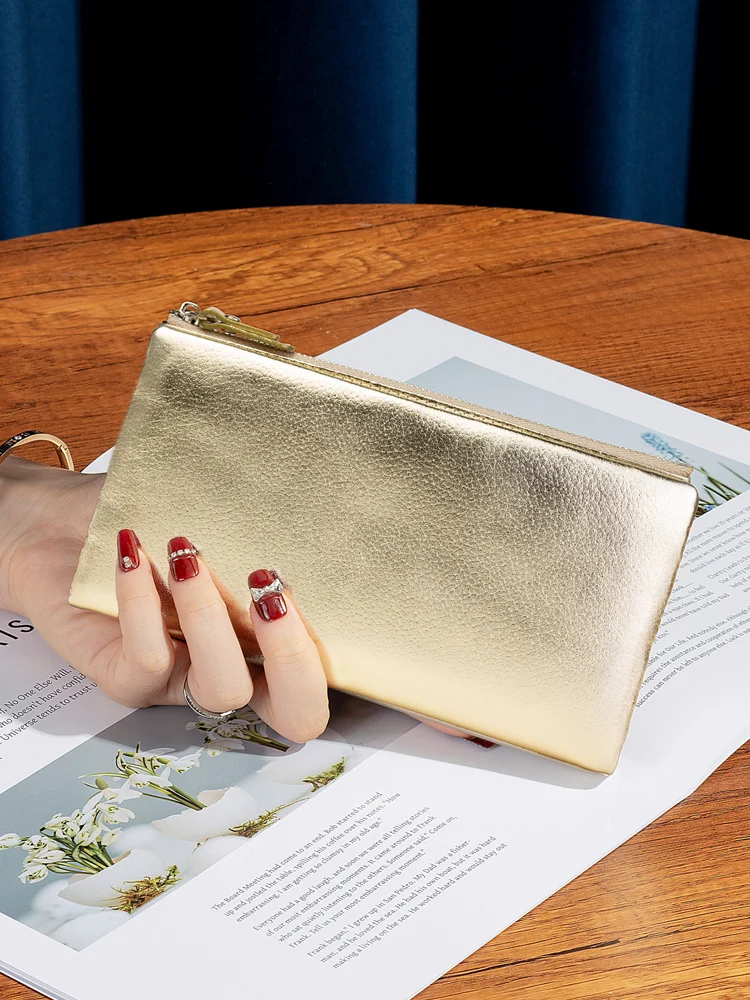 gold-color-long-slim-leather-wallet-soft-cowhide-universal-money-clip-double-sided-card-holder-youth-fashion-zipper-closure