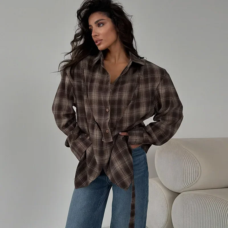2026 Spring New Fashion Turn Down Collar Checkered Design Sense Long Sleeve Irregular Women Shirt Blouse Top