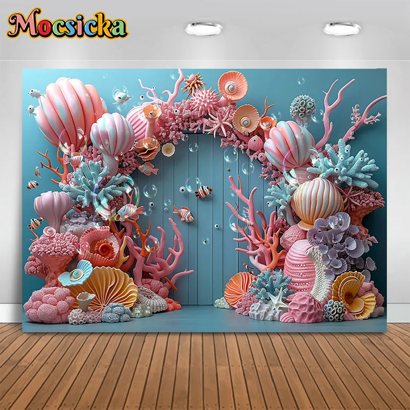 Mocsicka Photography Backgrounds Happy Birthday Party Underwater World Coral Plank Backdrops Kids Portraits Studio Props Photo