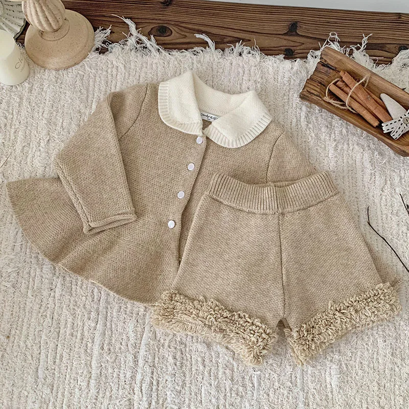 2024 New Autumn Winter Newborn Baby Girls Clothing Set Long Sleeved Knitted Cardigan+Shorts Toddler Baby Knitted Clothes Suit