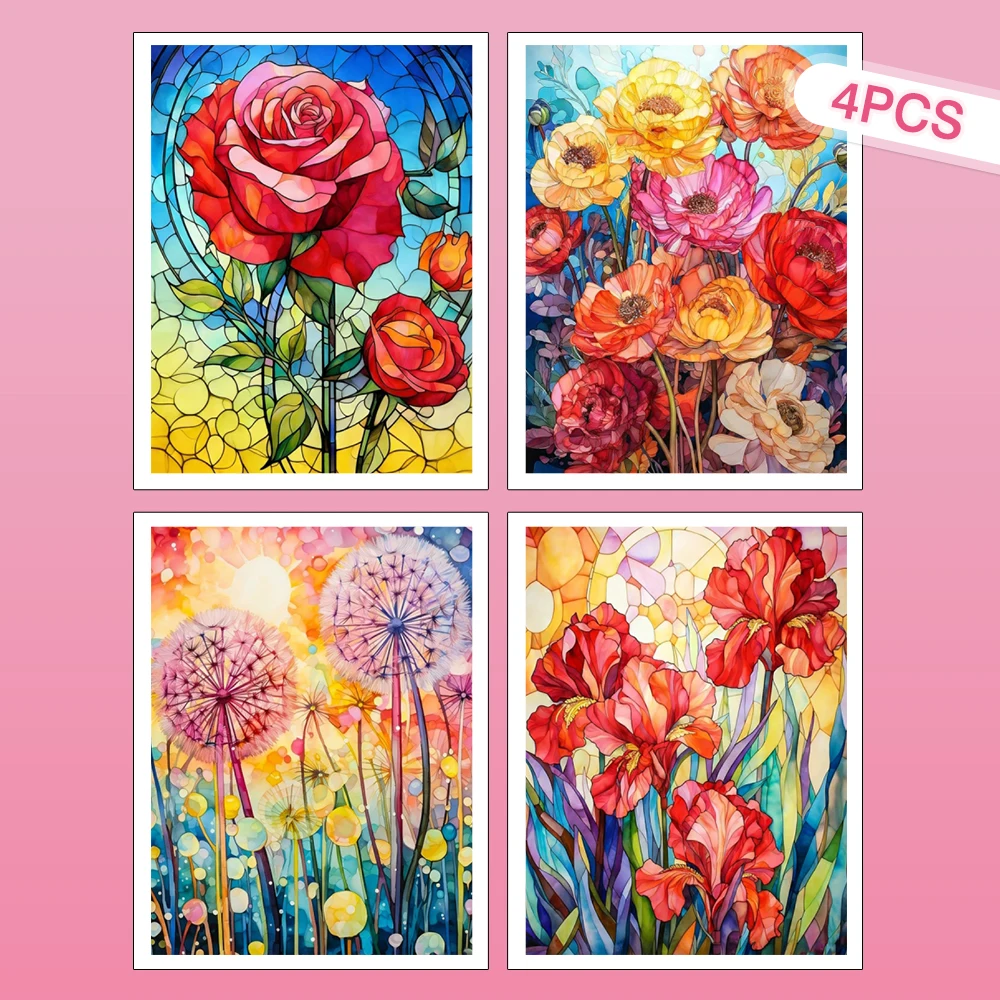 HUACAN 4-teiliges Vollrund-Diamant-Malset 5D Rosen-Blumen-Mosaik Diamantkunst-Set Neue Löwenzahn-Mohn-Blumen Heimdekoration