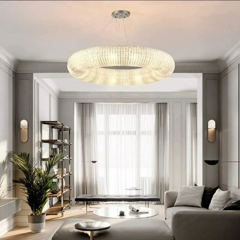 Modern Ring Crystal Chandelier Luxury LED Pendant Light with Clear Crystals Dimmable Ceiling Fixture for Living Room Bedroom