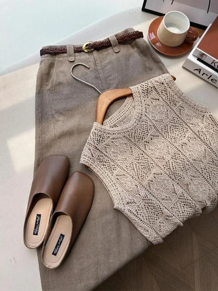 Slimming Hollow out Knitted Vest Women's round Neck Sleeveless Top Summer Outerwear Fashionable A-Line Narrow Shoulder Design