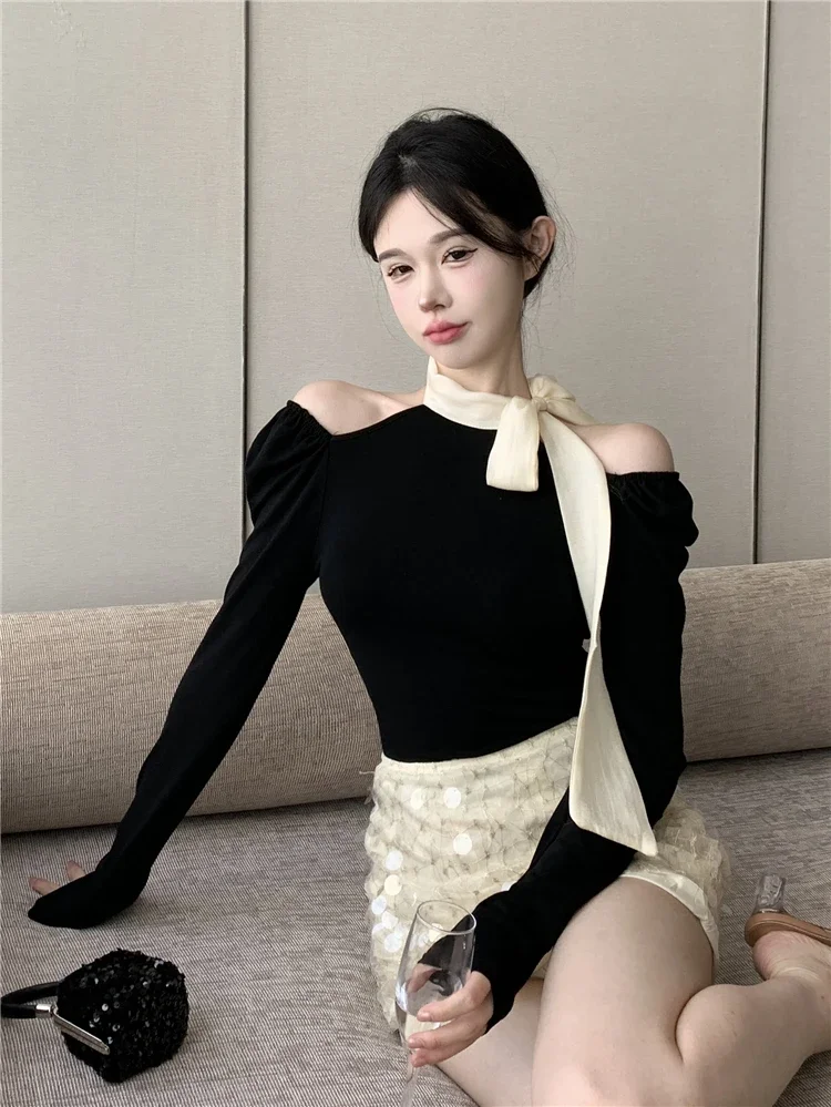 

Женский трикотаж с бантом, ранняя осень, топ с длинными рукавами, элегантный утягивающий однотонный вязаный свитер, пуловер
