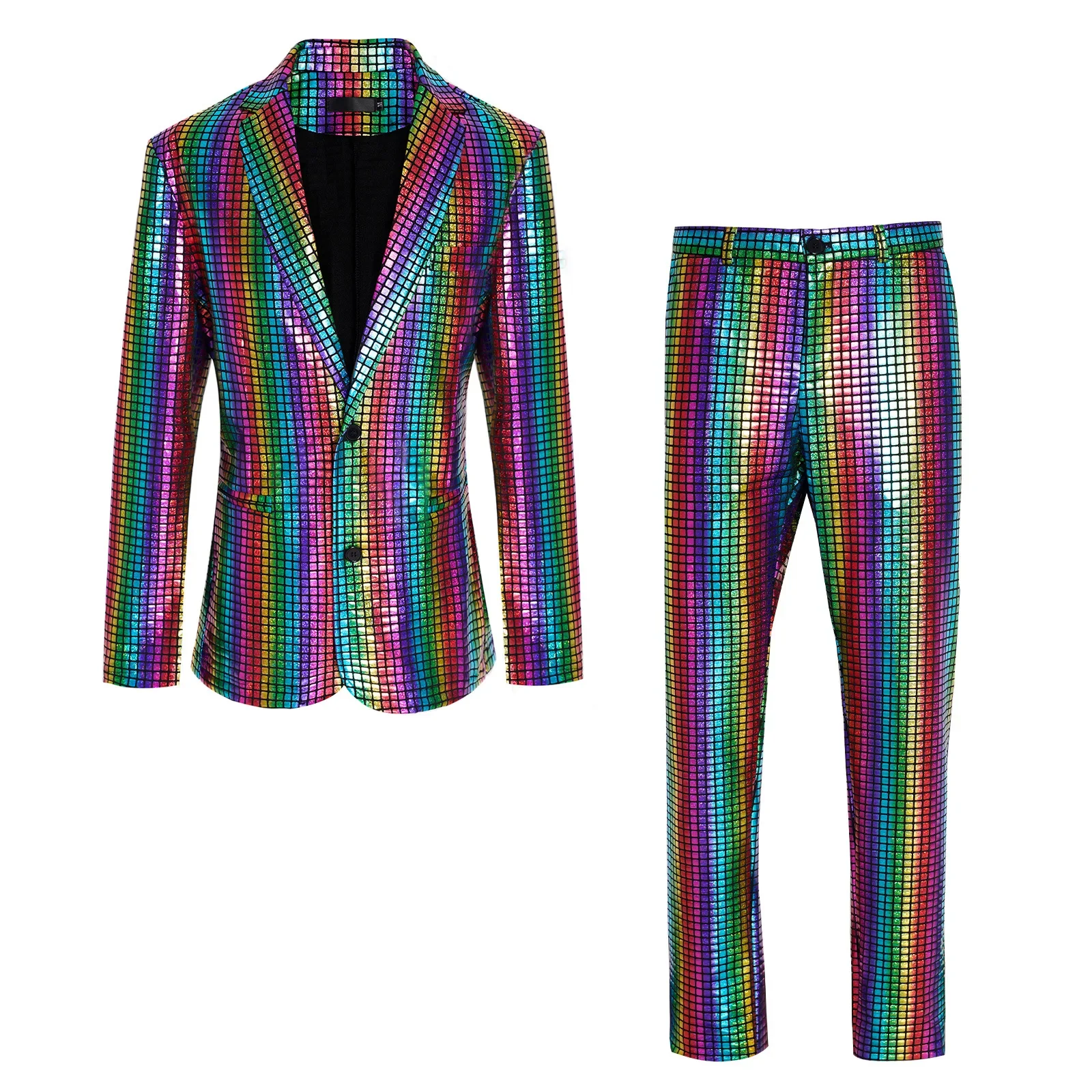 

Mens Stage Prom Suits Shiny Gold Silver Rainbow Plaid Sequin Jacket Pants Disco Dance Festival Christmas Halloween Party Costume