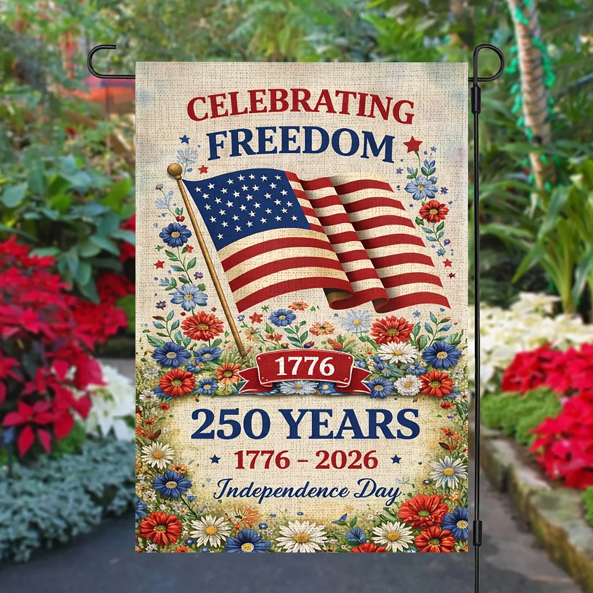 Anniversary Garden Flag Patriotic Flowers Freedom Design Double Sided Print Outdoor Decor for Yard Lawn Patio Porch Home Decor