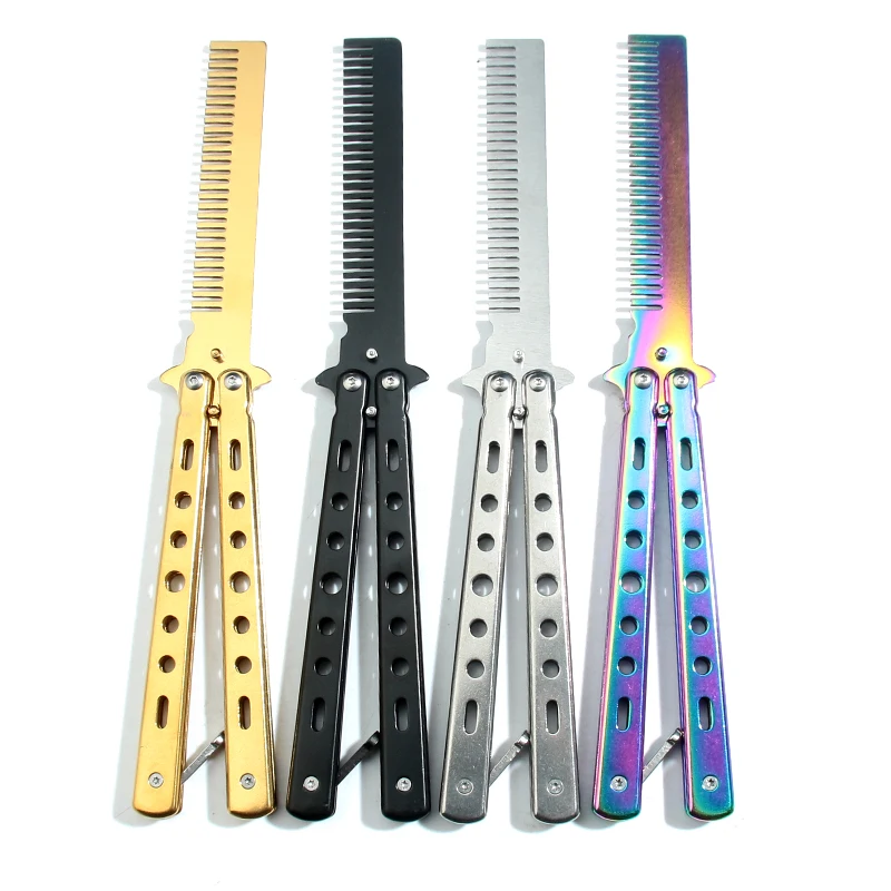 Foldable Comb Stainless Steel Practice Training Butterfly Knife Comb Beard Moustache Brushe Salon Hairdressing Hair Styling Tool