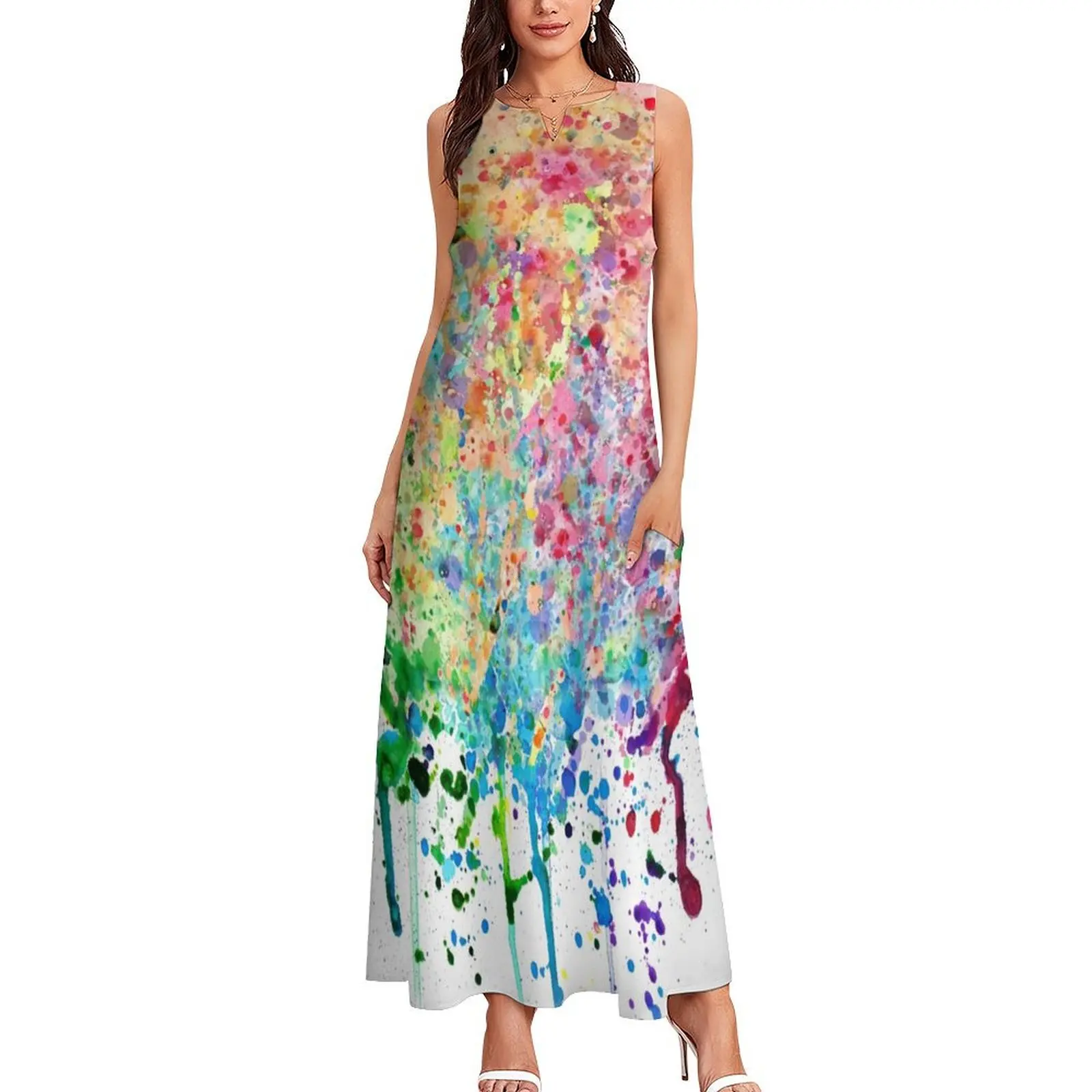 Vestido largo de fiesta con salpicaduras de pintura de arcoíris, vestido elegante para mujer, vestidos de verano para mujer 2025