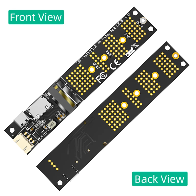 M.2 NVME M Key to SFF-8611 Riser Type C Power Supply NVME SSD Adapter + SATA to 4Pin Power Cable for 2230 2242 2260 2280 M.2 SSD