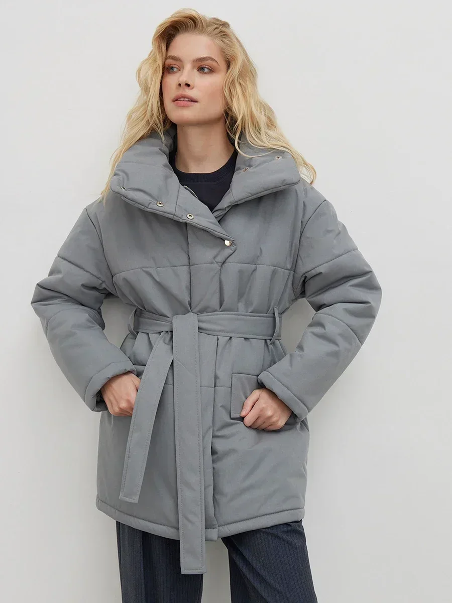 New Fashion Women Quilted Jacket Women Winter Loose Parkas Coat Vintage Belted Outwear Office Ladies Warm Cotton Puffer Jackets