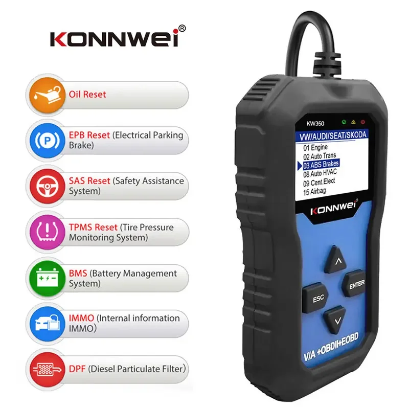 Best Quality KONNWEI KW350 OBD2 Car Code Reader Scanner For VAG Full System ABS Airbag Oil Light Reset EPB Auto Diagnostic Tools